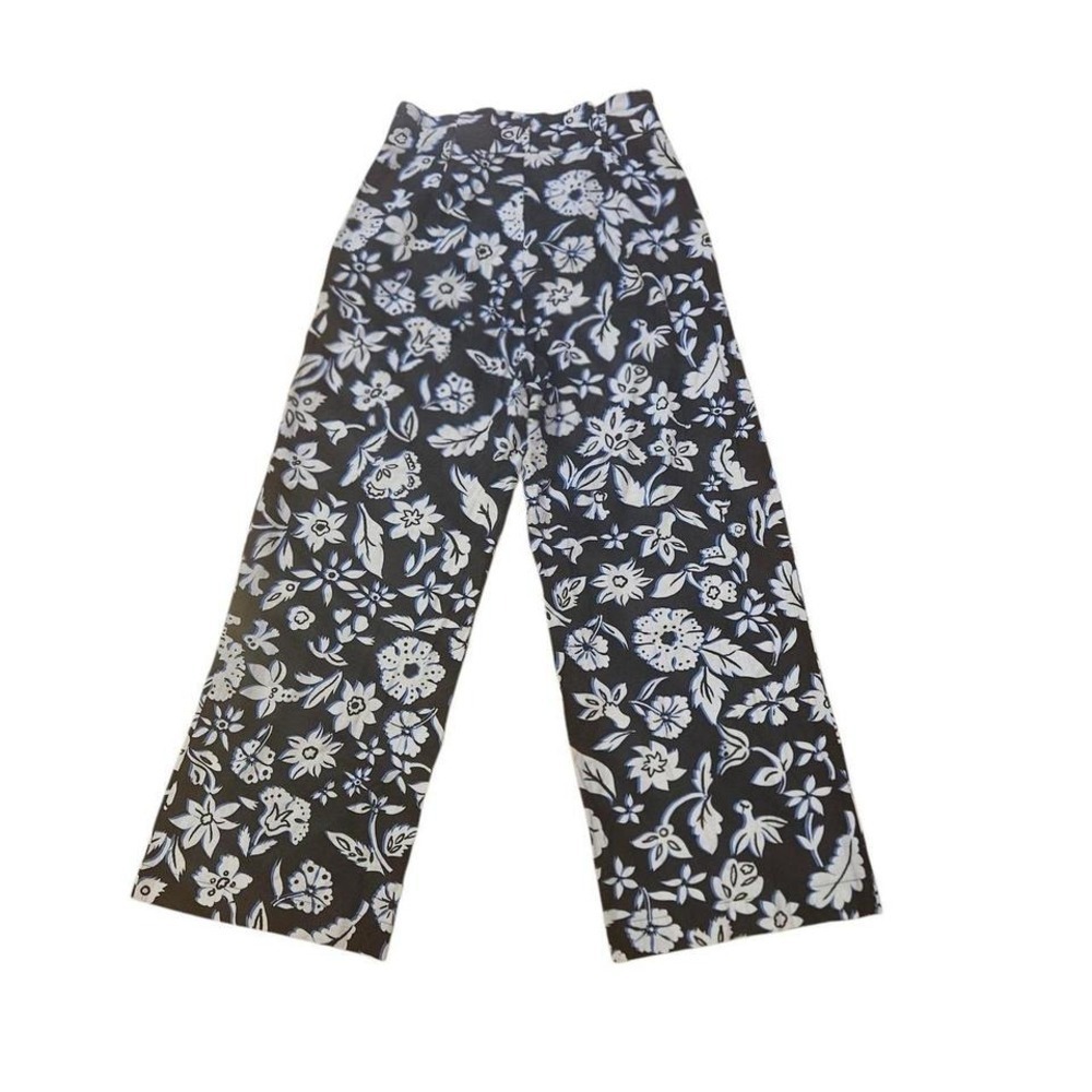 ZARA PANTS‎ SZ M FLORAL WIDE LEG FLOWY BLACK WHITE BLUE RESORTCORE